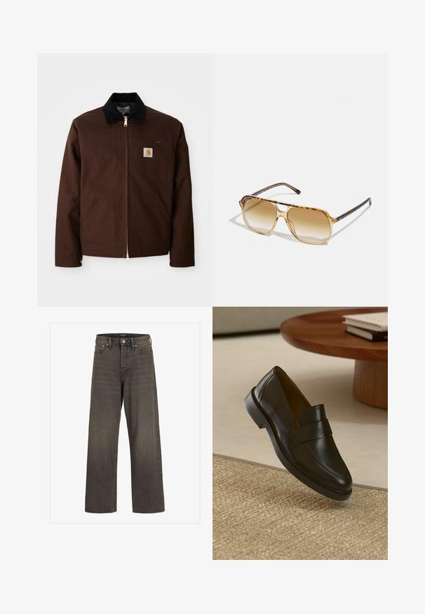 Barna vászon dzseki arany cipzárral, kordbársony gallérral, bal melletti zsebbel márkázott folttal, és rejtett cipzáros oldalzsebekkel.; Fehér, rövid ujjú pamut póló, kerek nyakkivágással. Az elülső részen finom, domború logós részlet található, valamint egy piros cimke az alsó szegélyen.; Széles lábú farmernadrág sötétszürke denimből, magas derékkal, klasszikus öt zsebes kialakítással és kontrasztos varrással az illesztések mentén.; Fekete bőr mokaszin sima felülettel, lekerekített orral és dekoratív pánttal a felső részen. Alacsony gumitalp, texturált felületen elhelyezve.; Tortoiseshell napszemüveg téglalap alakú kerettel, barna színátmenetes lencsékkel és sima fekete szárakkal, amelyek diszkrét logó rátétekkel rendelkeznek.