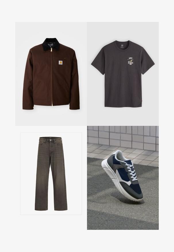 Veste en toile marron avec une fermeture éclair dorée, un col en velours côtelé, une poche sur la poitrine gauche avec un patch logo et des poches latérales avec des fermetures éclair cachées.; T-shirt en coton gris foncé à manches courtes, col ras du cou, avec un imprimé graphique contenant du texte et un design d'aigle sur le côté gauche de la poitrine.; Jean large en denim gris foncé, avec une taille haute, un design classique à cinq poches et des coutures contrastantes le long des coutures.; Baskets avec une tige en mesh bleu marine, des accents en suède gris, une semelle en caoutchouc blanc et des lacets plats blancs, conçues pour le confort et la respirabilité.