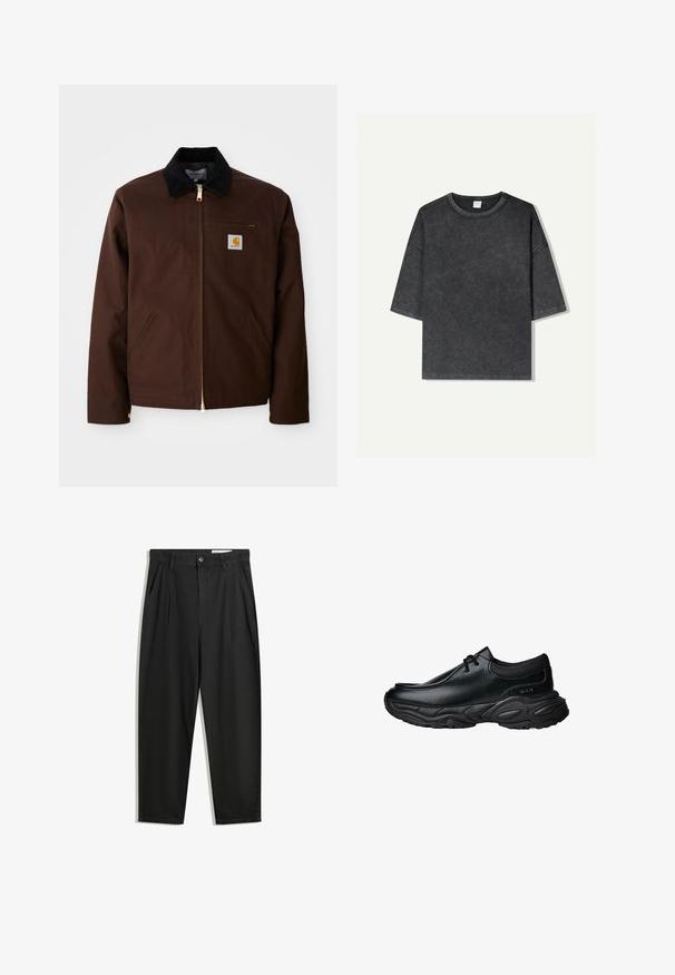 Brown canvas jacket featuring a gold zipper, corduroy collar, left chest pocket with logo patch, and side pockets with concealed zippers.; Oversized short-sleeve t-shirt in dark gray, made from cotton. Features a round neckline and visible stitching along the edges.; Black cotton trousers with a relaxed fit, featuring a classic waistband, front pleats, and side pockets. Smooth texture without patterns.; Black leather slip-on shoes with a rounded toe and thick textured rubber sole. Features subtle stitching and elastic accents at the collar.