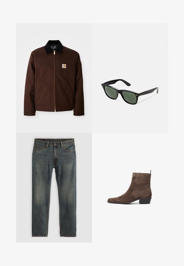 Brown canvas jacket featuring a gold zipper, corduroy collar, left chest pocket with logo patch, and side pockets with concealed zippers.; Gray short-sleeve T-shirt, made from a soft, lightweight fabric. Straight-cut hem, classic crew neck design, and subtle heather texture.; Blue denim jeans with a straight leg design, featuring a classic five-pocket style, stitching accents, and a slightly faded finish.; Brown suede ankle boot with a pointed toe, low block heel, and a pull loop at the back for easy wear. Smooth texture and simple design.; Black plastic sunglasses with green lenses, square frames, silver accent on the brow, and textured temple arms. Stated brand on inner arm.