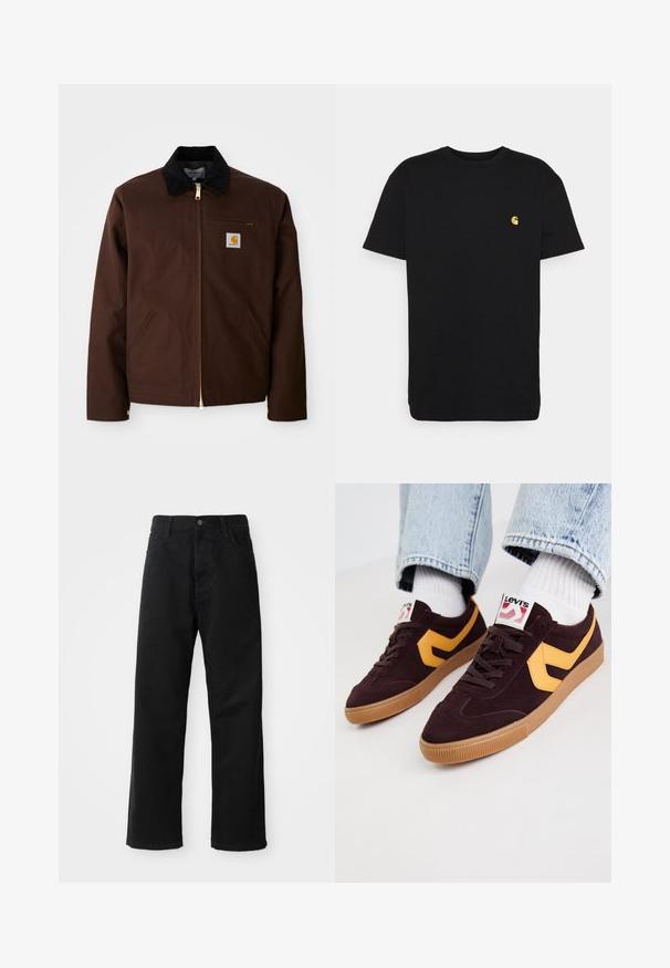 Braune Canvas-Jacke mit goldener Reißverschluss, Cordkragen, linke Brusttasche mit Logo-Patch und seitlichen Taschen mit verdeckten Reißverschlüssen.; Schwarzes Baumwoll-T-Shirt mit kurzen Ärmeln, Rundhalsausschnitt und einem kleinen gelben Logo im linken Brustbereich. Einfaches Design und normale Passform.; Schwarze Jeans mit geradem Schnitt, ausgestattet mit Fronttaschen, einem Reißverschluss und einem einzelnen oberen Knopf. Texturiert mit matter Oberfläche.; Dunkelburgunderfarbene Wildledersneaker mit gelben Lederakzenten, Gummisohle und weißen Schnürsenkeln. Branding auf der Zunge sichtbar.