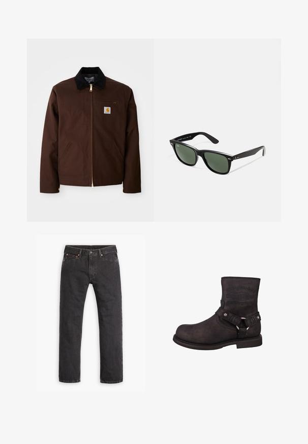 Brown canvas jacket featuring a gold zipper, corduroy collar, left chest pocket with logo patch, and side pockets with concealed zippers.; Long-sleeve, ribbed top in dark green, featuring a crew neckline and straight hem. Made of soft fabric, with minimal seams and no visible patterns.; Black straight-leg denim jeans with five pockets, button closure, and copper rivets laid flat on a white background.; Black leather motorcycle boot with a rounded toe, ankle height, and visible branding. Features a strap with a metal ring and silver hardware accents.; Black plastic sunglasses with green lenses, square frames, silver accent on the brow, and textured temple arms. Stated brand on inner arm.