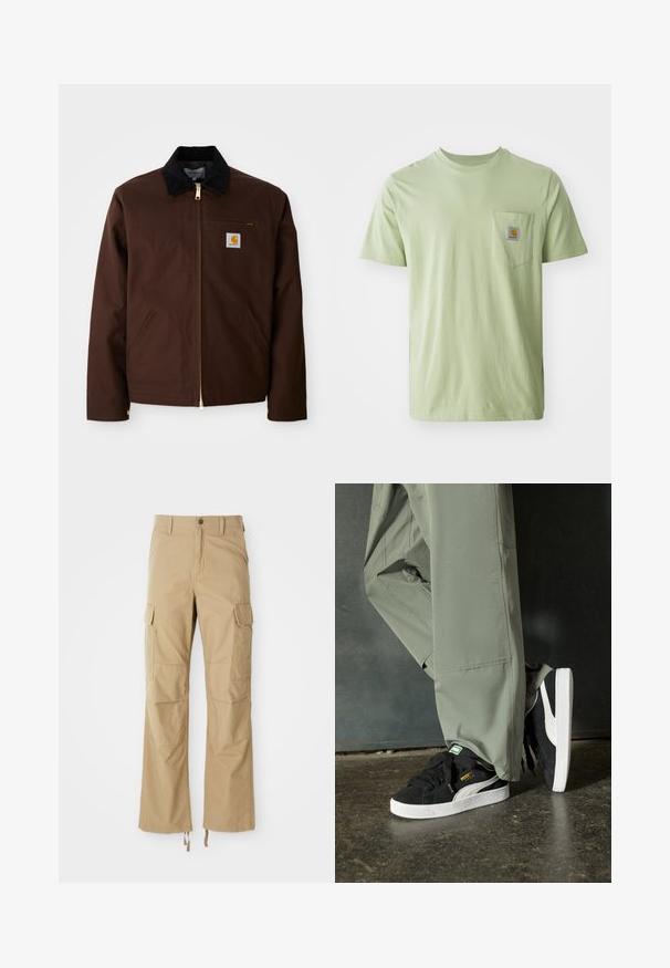 Ruskea kanvaajtakki, jossa on kultainen vetoketju, corduroy-pellavakaulus, vasemman rinnan tasku logopatchilla ja sivutaskut, joissa on piilotetut vetoketjut.; Vaaleanvihreä lyhythihainen t-paita, joka on valmistettu pehmeästä kankaasta ja jossa on rintatasku, jossa on neliölogo-ompelu. Yksinkertainen, koristelematon muotoilu.; Kaki cargo-housut, jotka on valmistettu kestävästä kankaasta, joissa on useita sivutaskuja, suorat lahkeet ja säädettävät nyörit lahkeensuissa.; Mustat mokkakengät, joissa on valkoiset kumipohjat ja sivuraitoja, yhdistettynä vaaleanvihreisiin cargo-housuihin, seisoen tummalla teksturoidulla pinnalla.