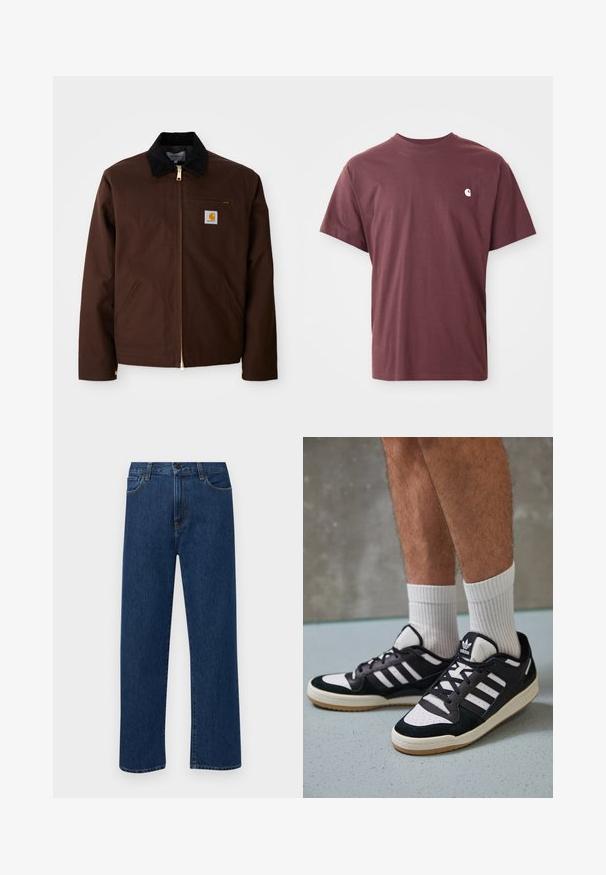 Ruda drobės striukė su auksiniu užtrauktuku, šoniniu kištuku iš veliūro, kairiu krūtinės kišeniu su logotipu ir šoniniais kišeniais su paslėptais užtrauktukais.; Burgundinė medvilninė trumpomis rankovėmis marškinėliai su apvalia iškirpte ir mažu baltu logotipu kairiajame krūtinės kampe. Lygi tekstūra, laisvas siluetas.; Tamsiai mėlynos tiesaus žandikaulio džinsai su priekinėmis kišenėmis ir mygtuko uždarymu, rodantys ant paprasto balto fono.; Juodos ir baltos sportinės bateliai su zomšiniu ir odiniu viršumi, su trimis baltomis juostelėmis, perforuota koja ir guminėmis padais.