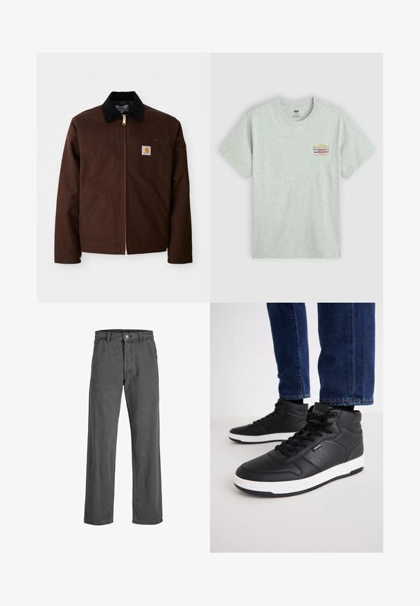 Ruskea kanvaajtakki, jossa on kultainen vetoketju, corduroy-pellavakaulus, vasemman rinnan tasku logopatchilla ja sivutaskut, joissa on piilotetut vetoketjut.; Harmaa puuvillainen t-paita, jossa on lyhyet hihat ja pyöreä kaula-aukko. T-paidassa on ylävasemmalla monivärinen brändilogopaino. Silkkinen rakenne.; Tummanharmaat leveälahkeiset farkut, valmistettu denimistä. Ominaisuuksiin kuuluu etupainike ja vetoketjukiinnitys, vyölenkit sekä klassinen viiden taskun muotoilu.; Mustat korkeat dressarit, jotka on valmistettu teksturoidusta nahasta. Niissä on mustat nauhat, valkoinen kumipohja ja pieni logo sivussa.