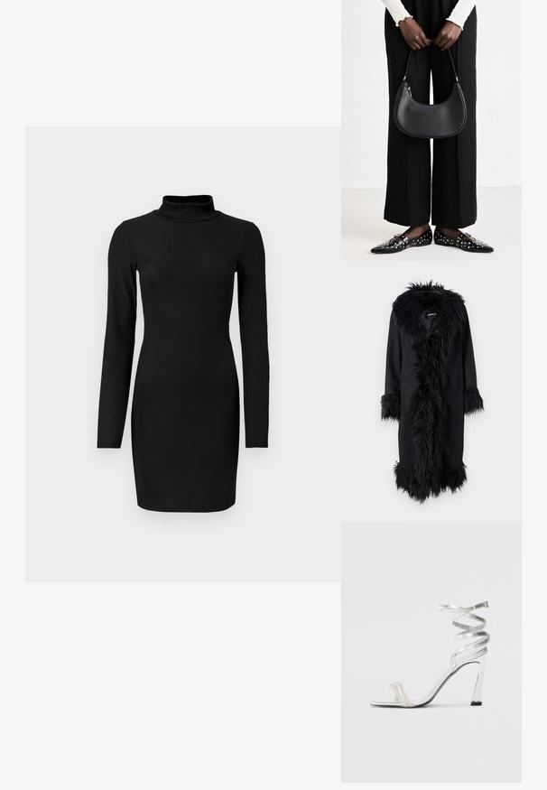 ONLY ONLVIENNA SUEDE COAT - Casaco clássico - black; Vestido preto de manga longa com decote alto, silhueta justa e textura suave. Comprimento até a metade da coxa e sem padrões ou detalhes visíveis.; Sandalha de salto alto prateada com um design de tira brilhante, apresentando um detalhe semelhante a uma pérola e uma tira de tornozelo espiralada para um ajuste seguro.; Bolsa de ombro de couro preta com forma arredondada, acabamento brilhante e ferragens prateadas. Pessoa vestindo calças largas pretas e mocassins com tachas.