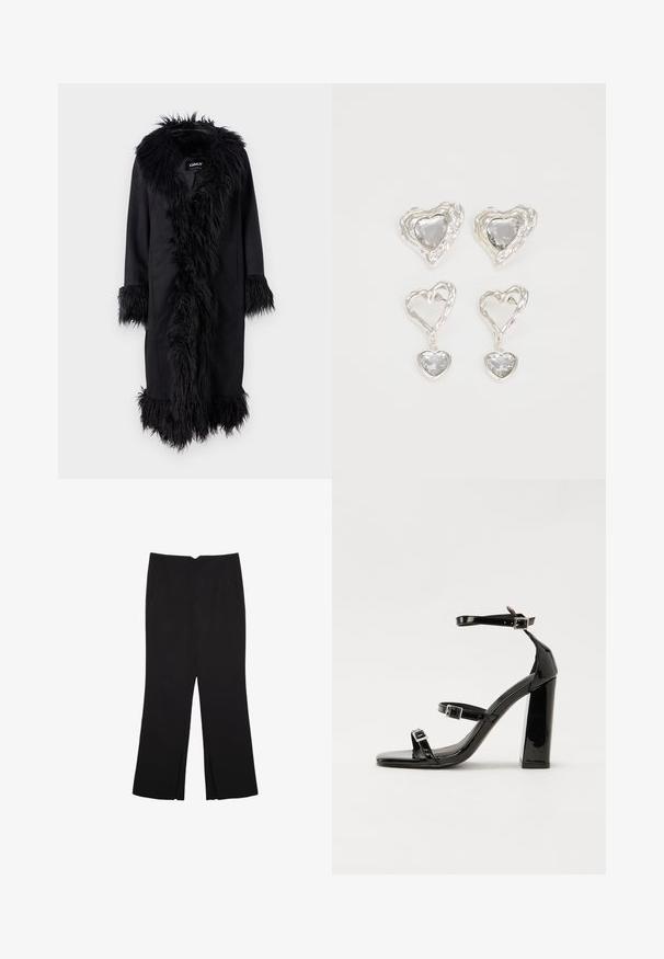 ONLY ONLVIENNA SUEDE COAT - Mantel - black; Zwarte tanktop gemaakt van katoen, met een ronde halslijn en brede armopeningen. Gladde textuur met gestikte zomen. Klassiek, minimalistisch ontwerp.; Zwarte broek met een rechte pasvorm, voorzien van zijzakken en plooien aan de onderzijde. Gemaakt van zachte, gladde stof. Geschikt voor verschillende gelegenheden.; Zwarte patent lederen sandalen met hoge hakken, twee gespenbanden, een vierkante neus en een stevige blokhak, met een gladde, glanzende textuur.; Zilveren hartvormige oorbellen hebben facetteerbare heldere stenen en een textuurframe. De set bevat stud- en hangende stijlen.