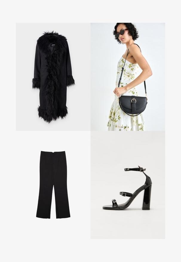 ONLY ONLVIENNA SUEDE COAT - Klassinen takki - black; Mustat pitkät hihat lyhyt toppi, jossa on pyöreä kaula-aukko, yksinkertainen muotoilu ja hieman kaareva helma.; Mustat housut suoralinjaisella leikkauksella, joissa on etutaskut ja sivurei'ät helman alla. Valmistettu pehmeästä ja sileästä kankaasta. Sopii eri tilaisuuksiin.; Musta kiiltävä korkokenkä sandaalit neliönmuotoisella varpaalla, nilkkaremmillä ja hopeisilla soljilla. Varustettu tukevalla lohkokorkealla vakauden takaamiseksi.; Musta nahkainen käsilaukku, joka on kaareva muotoilultaan, irrotettavalla hihnalla ja kultaisilla yksityiskohdilla. Laukussa on läppä, jossa on solk yksityiskohta.