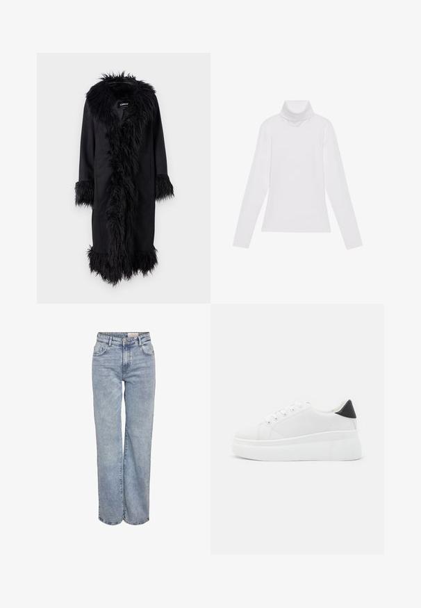 ONLY ONLVIENNA SUEDE COAT - Klassisk kåpe / frakk - black; Hvit langermet høyhalset topp laget av glatt, elastisk stoff. Har høy krage og tettsittende design, uten synlige mønstre eller dekorasjoner.; Lys blå vide jeans laget av denim, med høy midje, fem-lommers design og subtile falminger for et slitt utseende.; Hvite plattform sneakers laget av glatt syntetisk materiale, med rund tå, snøring og en strukturert gummisåle. Svart hæl akcent.