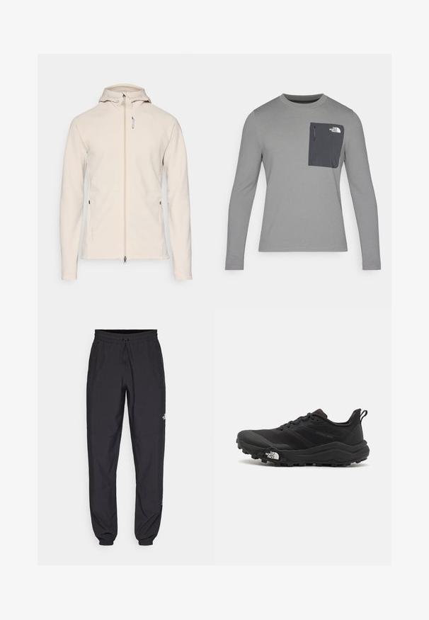 Gaišs beidžu krāsas kapuci jaka, izgatavota no mīksta auduma, ar pilnu rāvējslēdzēju priekšā, raglanu piedurknēm un divām sānu kabatām. Smalks logo elements apakšmalā.; Garais krekls ar garām piedurknēm un teksturētu audumu, ar tumši pelēku krūšu kabatu un rāvējslēdzēju. Uz kabatas ir balts logo.; Melni sporta bikses, kas izgatavotas no viegla auduma, ar savelcamu jostu, sānu kabatām un sašaurinātiem apakšējiem galiem pie potītēm.; Melnas taku skriešanas kurpes ar teksturētu virsu, gumijas zoli un pastiprinātu pirkstu daļu. Aprīkotas ar mīkstu apkakli un vilkšanas cilpu, lai viegli uzvilktu.