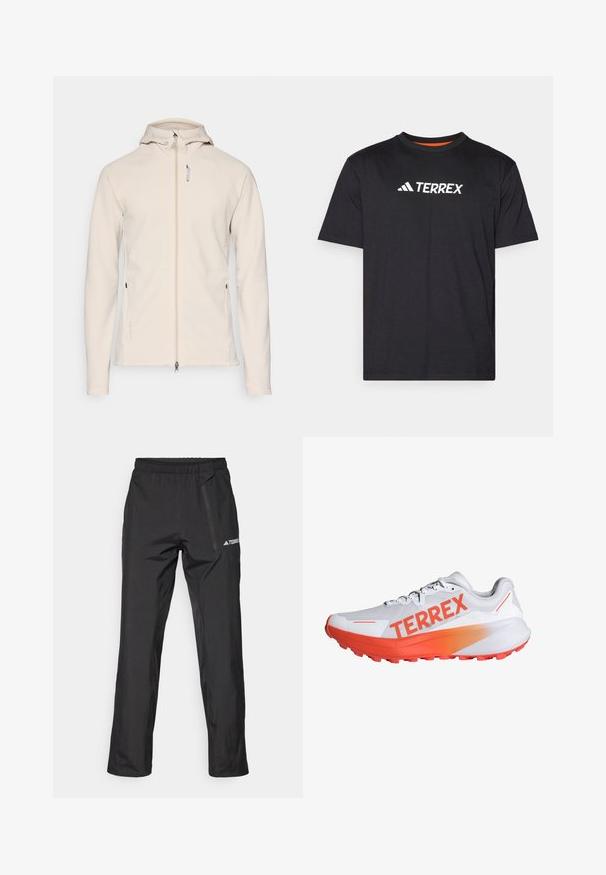Kergebeež kapuutsiga jack, mis on valmistatud pehmest kangast, millel on täispikk tõmblukk, raglanvarrukad ja kaks küljetaskut. Õrnad logodetailid hemil.; Mustal lühikeste varrukatega t-särk, mis on tehtud pehmest kangast, ümmarguse kaelusega ja rinnal valge "TERREX" logo.; Mustad kergekaalulised välispüksid elastse vöökoha, tõmblukuga taskute ja trükitud logoga. Sile tekstuur ja sirge sääre lõige.; Valge spordijalats silmatorkava oranži "TERREX" logoga. Omab tekstuuriga pealset, kerget disaini ning kummist tallaga, millel on haarduvad narmad.