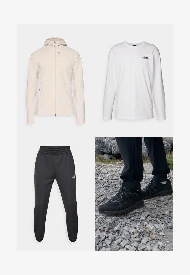 Vaalean beige huppari, joka on valmistettu pehmeästä kankaasta ja jossa on täysipitkä vetoketju edessä, raglan-hihat ja kaksi sivutaskua. Huomaamaton logo yksityiskohta helman kohdalla.; Valkoinen pitkähihaisen T-paita, joka on valmistettu puuvillasta ja jossa on pyöreä kaula-aukko. Rintamuksessa on pieni musta logo. Sileä kangas, normaali malli.; Mustat collegehousut, joissa on nauhakuomu vyötäröllä, kapeneva fit, elastiset hihansuut ja pieni valkoinen logo vasemmassa reidessä, valmistettu sileästä kankaasta.; Mustat ulkokengät, joissa on verkko- ja synteettinen materiaali, teksturoitu päällinen, varma nauhoitusjärjestelmä ja kestävä pohja kivikkoisella maastolla.