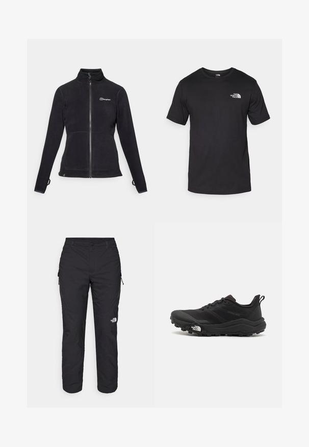 Must musta lukuga tõmblukuga jope kõrge kaelusega, millel on vasakul pool väike logo ja elastsed varrukad mugava istuvuse jaoks. Tekstuuriga kangas, ilma mustriteta.; Must have lühikeste varrukatega must T-särk, mis on valmistatud puuvillast, ümmarguse kaelusega ja väikese valge logoga vasakus ülanurgas.; The North Face WINTER EXPLORATION TAPERED CARGO - Õuepüksid - black; Must tume jooksujalats musta värvi, tekstuurse ülemise osaga, kummist tallaga ja tugevdatud varbaga. Omab pehmendusega krae ja tõmblinti mugavaks selga panemiseks.