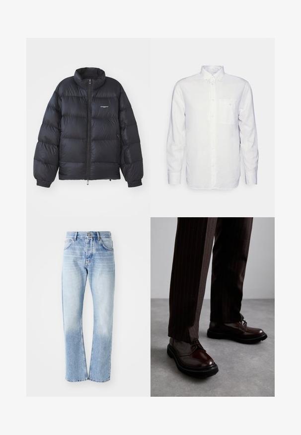 Casaco puffer preto com gola alta, fecho de zíper, punhos elásticos e um logótipo no peito. Material liso e brilhante com um design acolchoado.; Camisa de manga longa branca feita de algodão, com colarinho abotoado, bolso frontal e corte regular. Tecido texturizado com superfície lisa.; Calças de ganga azul claro com corte de perna reta. Apresenta um design de cinco bolsos, fecho de botão e uma textura desbotada na parte inferior.; Sapatos de couro castanho com atacadores e um acabamento brilhante, sola de borracha preta e costuras subtis. Usados com calças castanhas à risca.