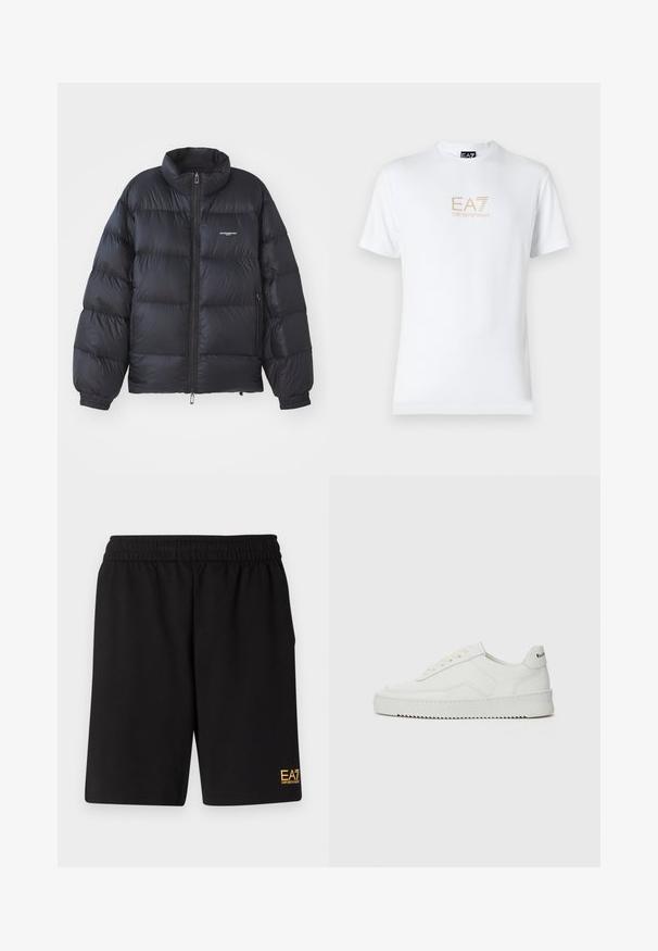 Svart puffjacka med hög krage, dragkedjestängning, elastiska ärmar och en logotyp på bröstet. Slät, glänsande material med vadderad design.; Vit bomull t-shirt med rund halsringning och korta ärmar, med en guld EA7 Emporio Armani-logotyp tryckt på framsidan.; Svarta träningsshorts i mjukt tyg, med ett elastiskt midjeband och en liten gul EA7-logotyp på nedre vänstra benet.; Vita lädersneakers med en jämn yta, rund tå, platta snörningar och en strukturerad sula. Har en diskret logotyp på hälen.