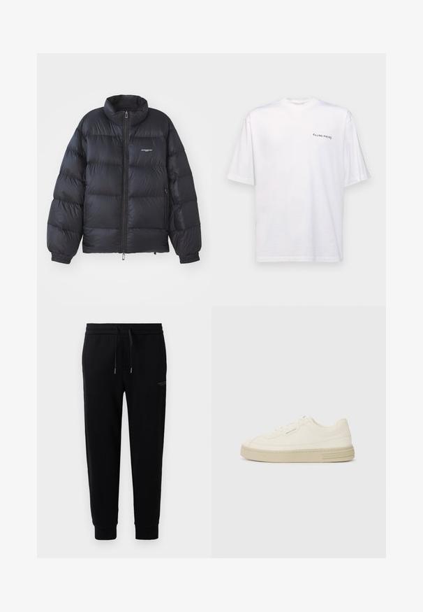 Black puffer jacket featuring a high collar, zip closure, elastic cuffs, and a logo on the chest. Smooth, shiny material with a padded design.; White short-sleeve t-shirt in cotton with a v-neck, featuring a black "FILLING PIECES" logo printed on the left side.; Black jogger pants made of cotton blend, featuring an elastic waistband with drawstring, cuffed ankles, and a subtle logo print on the side.; White canvas sneakers with a textured rubber sole, featuring a stitched toe cap and logo accent on the heel. Simple lace-up design.