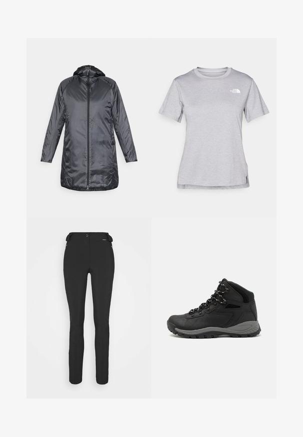 Houdini DUNFRI - Parka - true black; Siva kratka majica s kratkim rukavima izrađena od mekog, tkanog materijala koji upija vlagu. Ima okruglu izrez i mali bijeli logo na gornjem lijevom dijelu.; Crne, uske hlače izrađene od fleksibilnog materijala. Karakteristike uključuju bočni džep sa zipom, artikulirana koljena i glatku teksturu.; Crne planinarske čizme s dizajnom srednjeg vrha, sa teksturiranim gornjim dijelom, sivim akcentima i izdržljivom gumom potplatom s uzorkom za prianjanje.