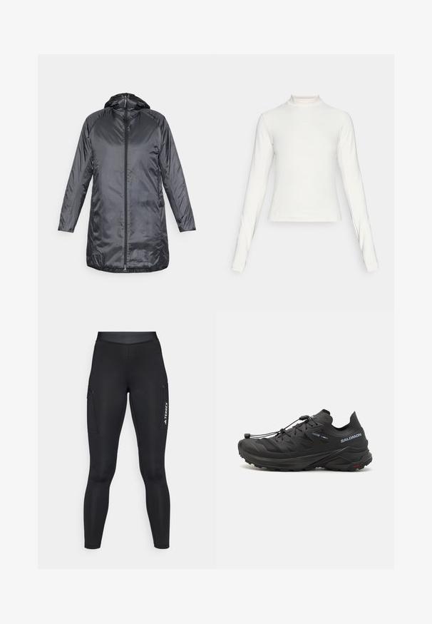 Houdini DUNFRI - Parka - true black; Witte sporttop met lange mouwen en een opstaande kraag, met een klein logo in het midden op de borst, weergegeven op een effen achtergrond.; Zwarte sportleggings met een aansluitend ontwerp, gemaakt van rekbaar materiaal. Voorzien van zijzakken en witte "TERREX" branding.; Zwarte trailschoen voor hardlopen met een gestructureerde bovenkant, meshpanelen en een veilig bevestigingssysteem. Beschikt over een robuuste buitenzool voor grip.