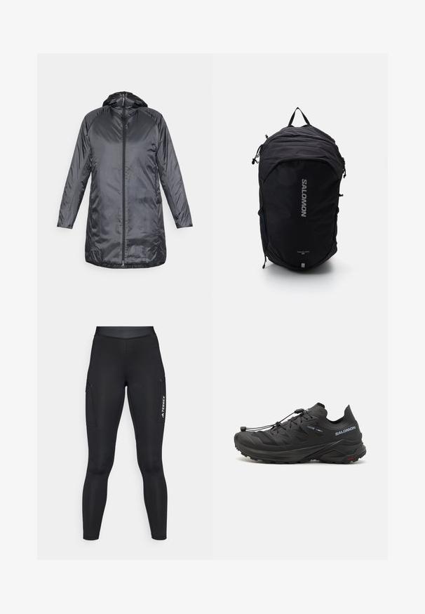 Houdini DUNFRI - Parka - true black; Ilgų rankovių baltas sportinis marškinėlis su pusapykakle ir mažuoju centro logotipu ant krūtinės, pateiktas ant vientiso fono.; Juodos sportinės tamprės su prigludusia siluetu, pagamintos iš tampraus audinio. Yra šoninės kišenės ir baltas "TERREX" logotipas.; Juodi bėgimo batai trail su tekstūruota viršutinė dalimi, tinklinėmis dalimis ir saugiai užsegamu sistemu. Turima tvirta pado struktūra, užtikrinanti sukibimą.; Juoda kuprinė su stilingu dizainu, tekstūruotu audiniu, reguliuojamais diržais ir dideliu sidabriniu "SALOMON" logotipu priekyje.