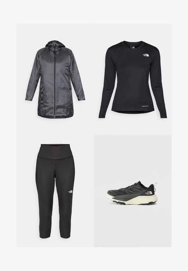Houdini DUNFRI - Parka - true black; The North Face SHADOW LONG SLEEVE - Ilgarankovis viršutinės dalies drabužis - black; Juodos capri tipo leggingai, pagaminti iš tamprios medžiagos, su aukštu juosmeniu ir mažu baltu logotipu kairėje pusėje. Lygi tekstūra.; Juodas sportinis batas su tekstūruota viršutine dalimi, su pilkomis detalėmis ir baltu viduriu. Apima pakėlimo juostelę ir ryškų prekės ženklo logotipą ant kulno.