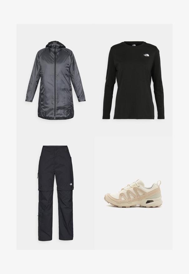 Houdini DUNFRI  - Parca - true black; T-shirt preto de mangas longas, feito de algodão, com decote redondo. Apresenta um pequeno logótipo branco na área esquerda do peito. Design simples e ajuste confortável.; Calças cargo pretas em nylon com fechos de correr removíveis, punhos ajustáveis, múltiplos bolsos e um logótipo na perna direita. Textura suave e leve.; Sapatilha atlética beige e creme com parte superior em malha texturizada, sobreposições de suporte e sola de borracha com um padrão de cravo para tração.