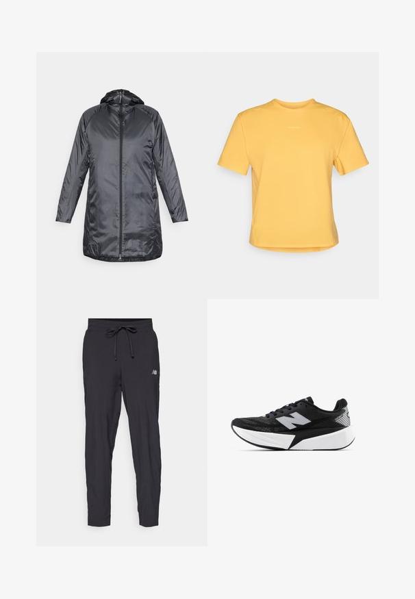 Houdini DUNFRI - Parka - true black; Yellow short-sleeve T-shirt with a round neckline, made of soft fabric. Features a subtle logo at the chest and a straight hem.; Black track pants made of lightweight material with an elastic waistband and adjustable drawstring. Features a small logo on the side.; Black and white New Balance running shoe with thick sole, mesh upper, and "N" logo on the side, viewed from the outer side.