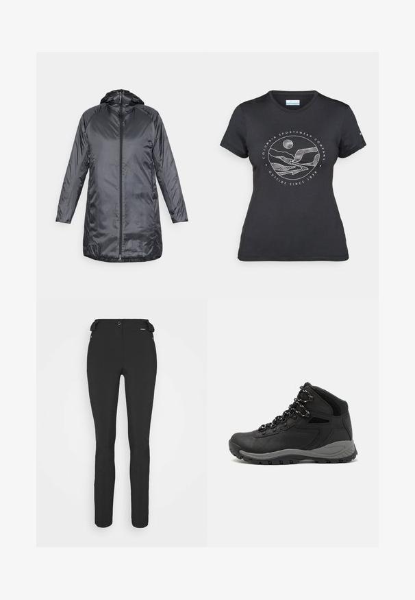 Houdini DUNFRI - Parka - true black; Maglietta nera Columbia con arte lineare bianca di una montagna circolare e un fiume, e il testo "Columbia Sportswear Company Outside Since 1938."; Pantaloni neri aderenti realizzati in materiale flessibile. Presentano una tasca laterale con zip, ginocchia articolate e una texture liscia.; Stivale da trekking nero con design a metà altezza, dotato di una tomaia texturizzata, accenti grigi e suola in gomma resistente con tasselli per la trazione.