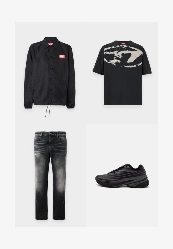 Černá bunda z hladkého, lehkého materiálu, s knoflíkovou přední částí, elastickými manžetami, bočními kapsami a červenou nášivkou Diesel logo.; Černé tričko s velkým, abstraktním grafickým vzorem světle šedé barvy na přední straně. Krátké rukávy a klasický kulatý výstřih. Bavlněný materiál.; Černé džíny s vybledlým vzhledem a odřenými detaily, standardní design s pěti kapsami a zipovým zapínáním. Vyrobeny z džínové látky.; Černá běžecká bota s texturovaným svrškem zdobeným šedými pruhy. Silná podešev pro odpružení, kulatá špička a ploché tkaničky pro bezpečné uchycení.