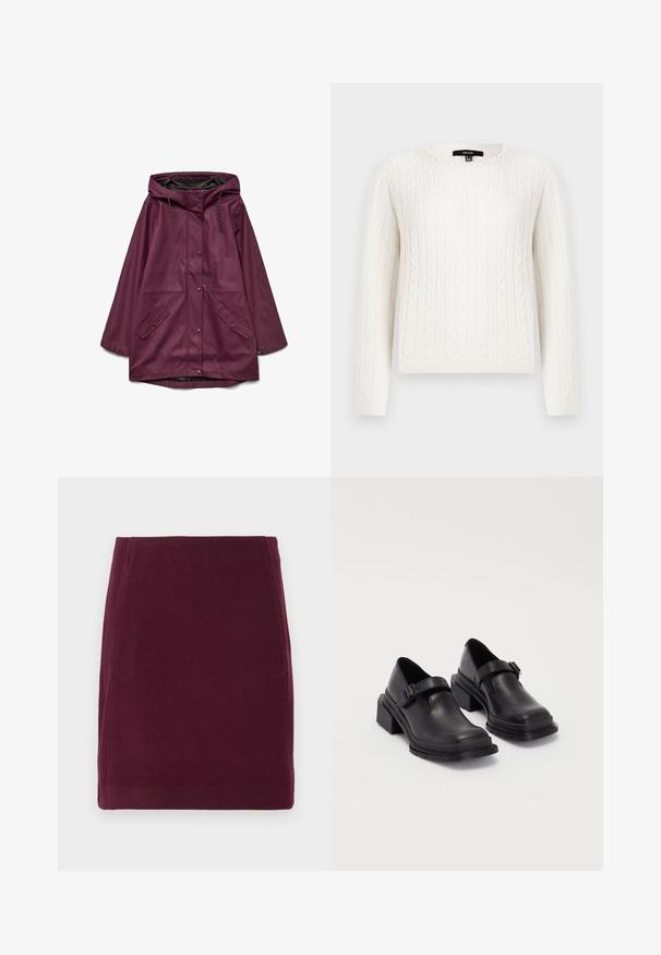 Bordeaux waterdichte parka met een capuchon, voorzien van een drukknoopsluiting en twee voorzakken; gemaakt van soepel, duurzaam materiaal.; Witte kabelgebreide trui met lange mouwen, een ronde halslijn en een decoratieve parelaccent bij de kraag. Zachte textuur en aansluitend ontwerp.; Vero Moda VMFORTUNALLISON SHORT - A-lijn rok - winetasting; Zwarte leren schoenen met een ronde neus, platte zool en een band met een gespdetail. Stevige blokhak voor extra stabiliteit.