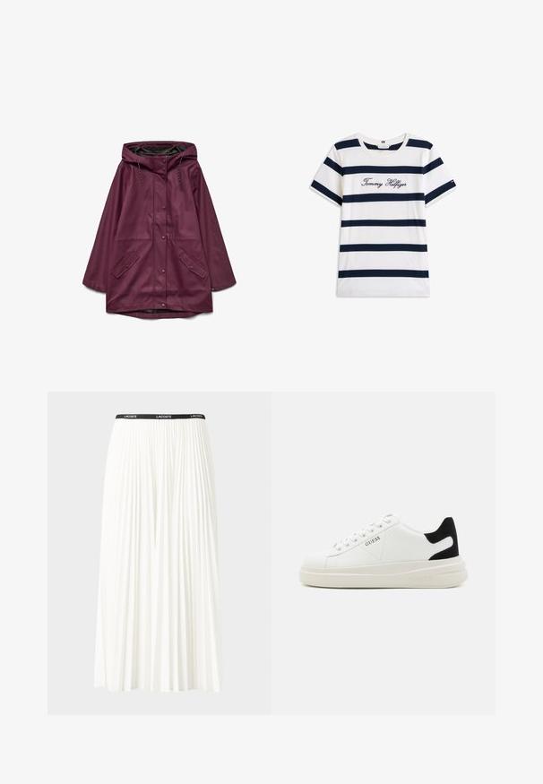 Burgundská voděodolná parka s kapucí, se zapínáním na patentky a dvěma předními kapsami; vyrobena z hladkého, odolného materiálu.; Bavlněné tričko s horizontálními námořnickými pruhy na bílém pozadí. Na hrudi je výšivka "Tommy Hilfiger" v kurzívě. Kulatý výstřih.; Záhybová bílá sukně s černým elastickým pasem s logem "LACOSTE". Suška je střední délky a má jemnou texturu.; Bílé kožené tenisky s tlustou bílou podrážkou, černým semišovým akcentem na patě a vyraženým logem na boku. Šněrovací design se šesti očka.