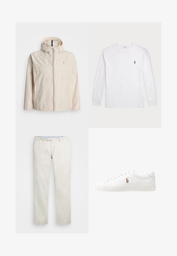 Jachetă bej ușoară cu fermoar frontal, glugă ajustabilă, buzunare frontale și un mic logo pe piept. Material neted, rezistent la apă.; Tricou alb cu mânecă lungă, din bumbac. Are un decolteu rotund, mansete ribbate și un mic logo polo bleu închis pe pieptul stâng.; Chino din bumbac bej cu față plată, bucle pentru curea și buzunare laterale. Design cu picioare drepte, textură netedă și o senzație ușoară și respirabilă.; Adidași din piele albă, design de tip low-top, cu o textură netedă, vârf rotund, față șiretată și un mic logo brodat pe lateral.