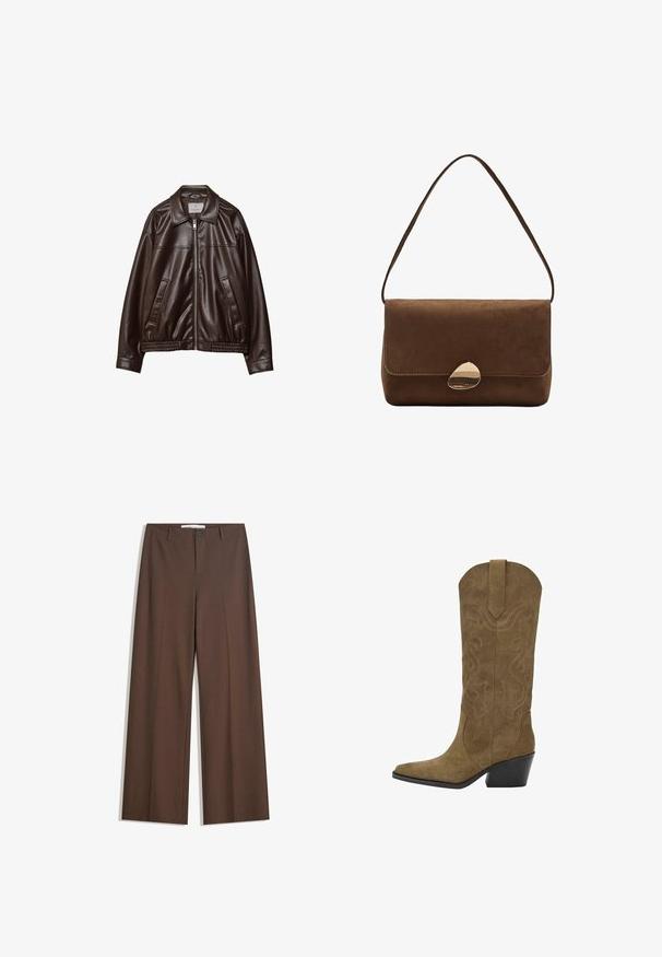 Ciemnobrązowa kurtka z sztucznej skóry z zamkiem błyskawicznym z przodu, kołnierzem, dwoma skośnymi kieszeniami i elastycznym dołem na białym tle.; Czarny body z długimi rękawami, o kwadratowym dekolcie i zapięciu na zatrzaski w okolicy krocza, leży płasko na białym tle.; Brązowe spodnie szerokie w nogawkach o gładkiej fakturze, z plisami z przodu, zapięciem na guzik i dwoma bocznymi kieszeniami. Zaprojektowane z myślą o komforcie i wszechstronności.; Brązowy zamszowy kowbojski but do połowy łydki z haftowanymi wzorami w kształcie spirali, spiczastym noskiem, pętlą do zakupu i skośnie ułożonym czarnym obcasem.; Brązowa zamszowa torba na ramię z zakrzywionym złotym zapięciem i pojedynczym paskiem, prostokątnego kształtu z klapką.