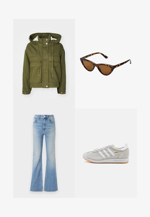 Olivenfarbene Jacke mit Kapuze, Druckknöpfen, zwei Vorderaschen und einem weichen, strukturierten Futter. Mit Kordeln am Hals und am Saum.; Grauer, gekürzter Pullover aus strukturiertem Stoff. Hat einen hohen Kragen und zwei vordere Taschen mit einem lässigen Schnitt. Lange Ärmel.; Helle blaue Schlagjeans aus Denim mit hoher Taille, fünf Taschen und subtilem Farbverlauf bis zum Saum.; Hellgraue Sneaker aus Wildleder und Mesh, mit drei weißen Streifen, runder Zehenpartie und einer Sohle aus Gummi. Goldenes Logo-Detail nahe der Schnürsenkel.; Katzenaugen-Sonnenbrille mit einem schwarz-orangenen Schildpattrahmen, braunen Gläsern und schlanken, spitzen Enden. Verfügt über ein minimalistisches Logo am Bügel.
