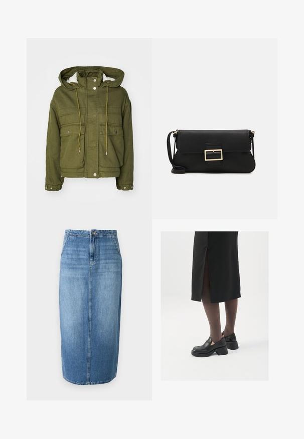 Alyvuogių žalios spalvos striukė su gobtuvu, užsegama spaudėmis, dviem priekiniais kišenėmis ir minkštu, tekstūruotu pamušalu. Kiekviename gale yra raišteliai.; JDY JDYDINEA REVERSIBLE - Džemperis - fern; Šviesiai mėlyna džinsinė pieštuko sijonas su tiesiu siluetu, priekiniais mygtukais ir subtiliu blukimu. Apačia siekia virš kelių.; Juodos odinės bateliai su apvaliu nosiu, stora blokine pakulne ir elastingais šonais, derinami su tamsiomis pėdkelnėmis ir juoda sijonu su plyšiu.; Juodas odinis dėkliukas su atvarteliu ir auksinės metalinės sagties detalėmis. Įeina juodas diržas ir elegantiškas, minimalistinis dizainas.