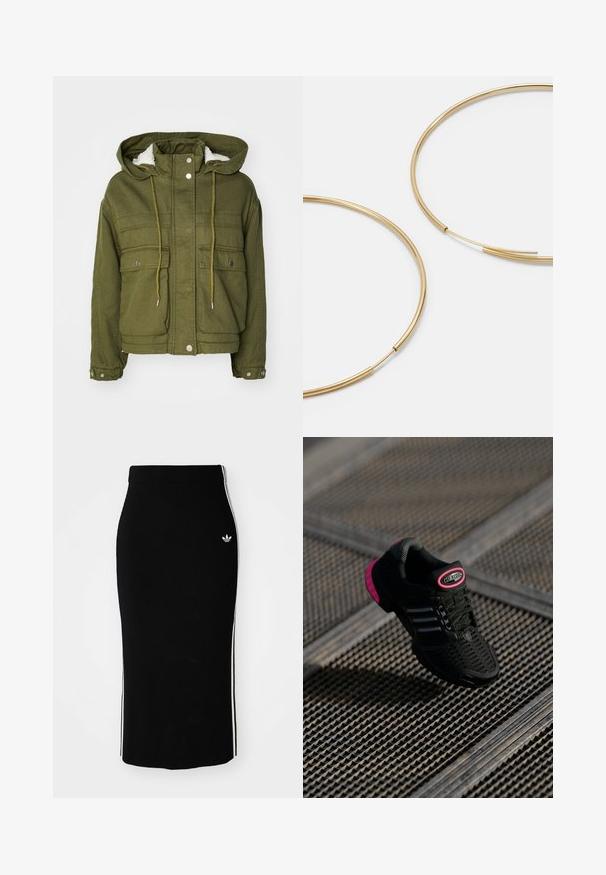 Olive green jacket with a hood, snap buttons, two front pockets, and a soft, textured lining. Features drawstrings at the neck and hem.; White long-sleeve cropped top with a black V-neck, contrasting black cuffs, and three black stripes on each sleeve. Small logo on the chest.; Black ribbed midi skirt with a fitted design, featuring white side stripes and a small white emblem on the left side.; Black athletic shoe with mesh upper, pink accents, and black striped details. Features a textured outsole and a logo label on the heel.; Gold-colored hoop earrings, thin and round in shape, with a smooth metallic finish and no embellishments or patterns.