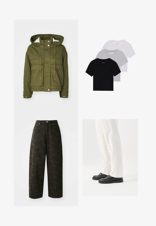 Zelena jakna z olivnim odtenkom in kapuco, z gumbi na pritisnite, dvema sprednjima žepoma ter mehkim, teksturiranim podplatom. Ima vrvice pri vratu in na robu.; Komplet treh majic s kratkimi rokavi v črni, sivi in beli barvi. Izdelane iz bombaža, z okroglim izrezom in preprostim, enobarvnim dizajnom.; Temno zelene široke hlače imajo teksturiran cvetlični vzorec, pet žepov in kovinske gumbe za zapiranje v pasu.; Črne usnjene loaferje z gladko teksturo, šivi in zaobljenim prstom, pomešane z belimi krojenimi hlačami.