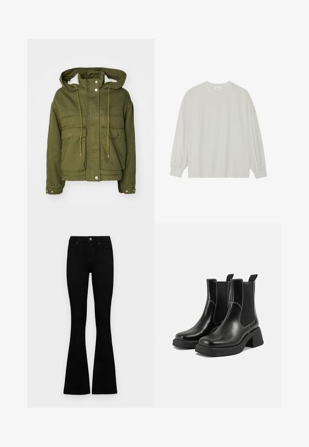 Olivenfarbene Jacke mit Kapuze, Druckknöpfen, zwei Vorderaschen und einem weichen, strukturierten Futter. Mit Kordeln am Hals und am Saum.; Helles graues Langarm-T-Shirt aus weicher Baumwolle. Mit lockerer Passform, Rundhalsausschnitt und sanft gerafften Bündchen. Keine Muster oder Grafiken.; Schwarze hochtaillierte Jeans mit einem Knopf- und Reißverschluss, Fronttaschen und ausgestellten Beinen, flach auf einem weißen Hintergrund ausgelegt.; Schwarze Leder Chelsea-Stiefel mit einem klobigen Absatz, elastischen seitlichen Einsätzen und kontrastierendem weißen Nähten. Strukturierte Oberfläche.