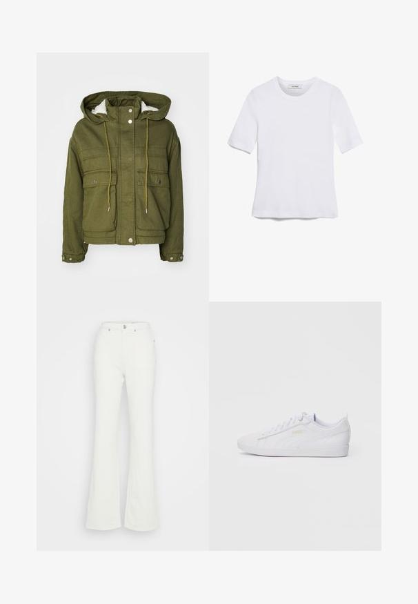 Olive green jacket with a hood, snap buttons, two front pockets, and a soft, textured lining. Features drawstrings at the neck and hem.; White short-sleeve t-shirt made of ribbed fabric. Round neckline, regular fit, and subtle stitching details. No patterns or graphics.; White flared jeans made from cotton denim, featuring a high waist, button closure, and four pockets with a smooth texture.; White low-top Puma sneaker with lace-up front, subtle branding on side and sole, and smooth synthetic upper for casual wear.