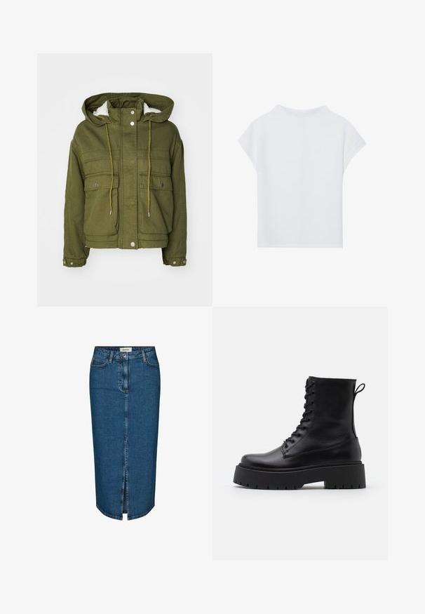 Olive green jacket with a hood, snap buttons, two front pockets, and a soft, textured lining. Features drawstrings at the neck and hem.; White short-sleeve top featuring a relaxed fit, lightweight texture, and rounded neckline. Back view shows smooth, simple design.; Denim pencil skirt in dark blue, featuring a front slit, five pockets, and contrasting stitching. Mid-rise waist with a classic design.; Black leather ankle boots with a round toe, lace-up front, and a thick rubber sole featuring a textured tread. Pull tab at the back.