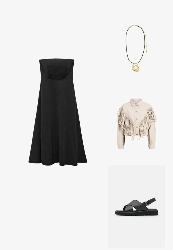 Bežna denim jakna z dolgimi resicami na ramenih in spredaj, s srebrnimi kovinskimi gumbi in krajšim krojem.; Črna brezramna obleka s prilegajočim korzetom in širšim, dolgem krilom, ki sega do tal. Narejena iz gladkega materiala brez vidnih vzorcev ali dodatkov.; Črne usnjene sandale z zasnovo križnega traku, nastavljivim zatičem in teksturirano podplatno površino z utori za oprijem.; Črna usnjena torba v obliki zaboja z vrvico za zapiranje, ki ima na sprednji strani sijajni logo "CK" in zlate kovinske dodatke.; Pilgrim UNFOLD - Verižica - gold