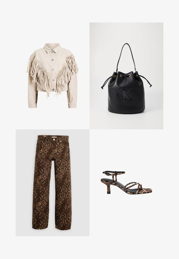 Giacca di jeans beige con lunghi frange dettagliate sulle spalle e sul davanti, dotata di bottoni in metallo argentato e dal taglio corto.; Top senza maniche nero con scollatura a V, design svasato e texture liscia. Il tessuto appare morbido con un drappeggio sottile.; Jeans a gamba larga con stampa leopardata in marrone e beige. Realizzati in denim, presentano un classico design a cinque tasche e finiture in metallo.; Sandali con tacco in stampa leopardata, con punta quadrata, multiple cinghie e un tacco di altezza media. Realizzati in morbido materiale tessile.; Borsa a secchiello in pelle nera con chiusura a cordoncino, caratterizzata da un logo "CK" lucido sulla parte anteriore e dettagli in hardware dorato.; Pilgrim UNFOLD - Collana - gold