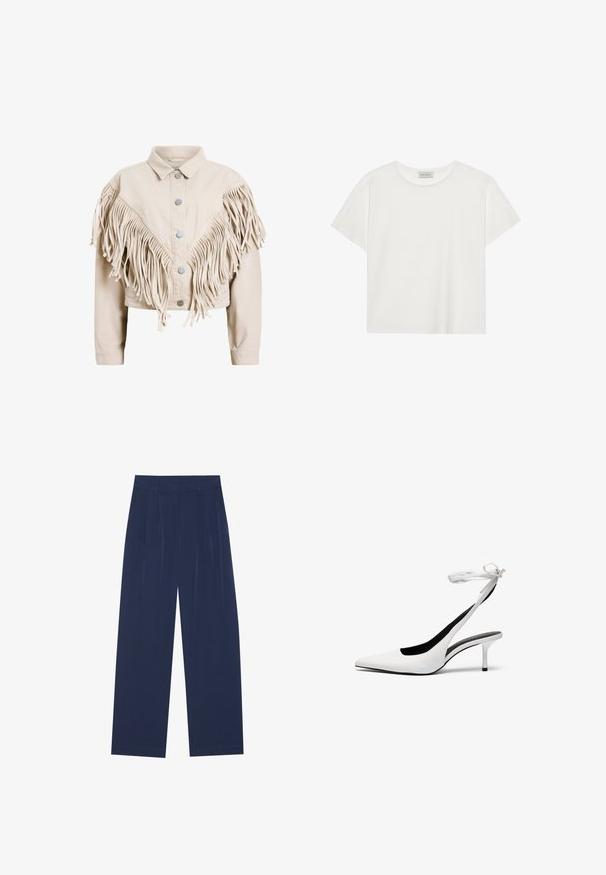 Beige denim jope pika- ja esiosal pika äärisega, hõbedaste metallnuppudega ning lühikese lõikega.; Valge lühikeste varrukatega t-särk, mis on valmistatud pehmest puuvillast. Omab ümmargust kaelust ja mugavat lõiget. Puhtad jooned, ilma nähtavate mustrite või aktsentideta.; Tumedat sinised laiad püksid pehmest kangast, millel on esipleekid, sile pind ja sirge lõige, ilma nähtavate taskuteta.; Valged terava ninaga slingback-kandvad kontsad õhukese pahkluustringiga. Sile nahk, õhuke stilettokonts ja must sisekate.