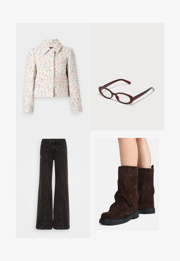 Zkrácená bunda vyrobená z texturované látky s multikolorovým vzorem, která má límec a čtyři přední knoflíky. Barevná paleta zahrnuje pastelové odstíny.; Svetle zelená košile s dlouhým rukávem, zapínáním na knoflíky, límečkem, texturovanou tkaninou a detailem kravaty na manžetách. Rovný lem.; Černé široké džínové kalhoty s vysokým pasem, předními kapsami a tonálními švy podél švů.; Hnědé semišové kozačky po lýtka s černými gumovými podrážkami nošené na nahých nohách, s mírným pomačkáním na nohavicích.; Ovalo tvarované červené sluneční brýle s průhlednými skly a elegantními hnědými rámy. Design má jemné křivky a minimální hardware.