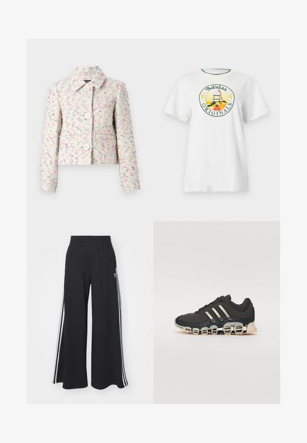Trumpeta su ištekstūruoto audinio, su daugiaspalviu raštu. Joje yra apykaklė ir keturi priekiniai mygtukai. Spalvų paletė apima pastelinius atspalvius.; Balta medvilnė marškinėliai trumpomis rankovėmis, su apvaliu grafiniu logotipu žaliai ir geltonai, kuriame yra užrašas "Adidas Originals" ir vaisių dizainai.; Juodos plačios kojų džinsinės kelnės su elastingu juosmeniu, turinčios baltas šonines juosteles ir išsiuvinėtą logotipą kairiajame šlaunyje.; Juodos sportinės avalynės su tekstūruotu viršumi, trimis sidabro juostomis ir išskirtiniu amortizuojančiu padu, turinčiu kelias integruotas dalis.