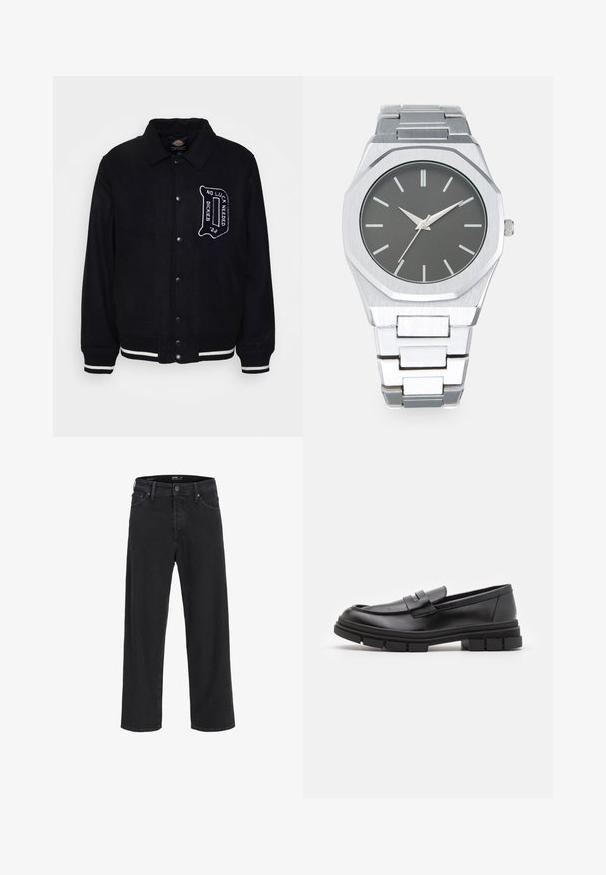 Juodas vilnos mišinio švarkas su priekiu užsegamu snapu, balta kontrastinga juostele ant rankovių ir apačios, bei siuvinėtu užrašu ant krūtinės.; Redefined Rebel TETON REGULAR FIT - Džemperis - black grey; Juodos tiesios kojų džinsinės kelnės su mygtuku ir užtrauktuku, diržo kilpos, taip pat priekinės ir galinės kišenės.; Juodi odiniai loaferiai su lygia apdaila, turintys priekinį dirželio akcentą ir storą guminį padą su grioveliais.; Sidabrinis analoginis laikrodis su aštuonkampiu korpusu, pilku ciferblatu, sidabriniais valandų žymekliais ir nerūdijančio plieno grandinėle. Minimalistinis dizainas su sklandžiu paviršiumi.