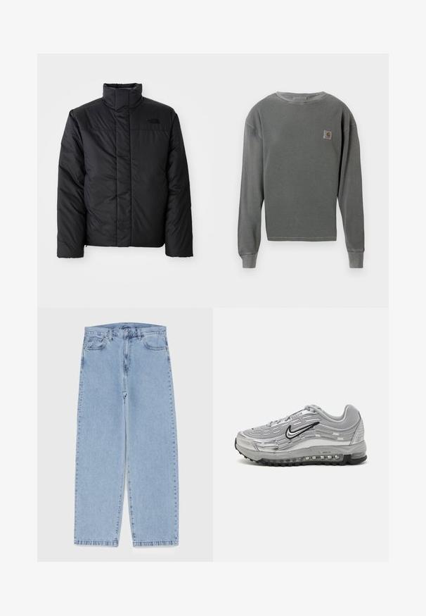 Sort isoleret jakke med høj krave, prydet med en lynlås front og et logo på venstre bryst. Materialet virker glat og fyldigt.; Grå langærmet crewneck sweatshirt med ribbet tekstur, med et lille firkantet logo-patch på venstre bryst og ribbede manchetter.; Lyseblå denimjeans med straight leg-design, der har en mid-rise talje, fem lommer og en lukning med knap og lynlås.; Grå Nike Air Max sneakers med et overdel i mesh og syntetisk materiale, bølgende design, sorte accenter og en synlig luftdæmpningsenhed.