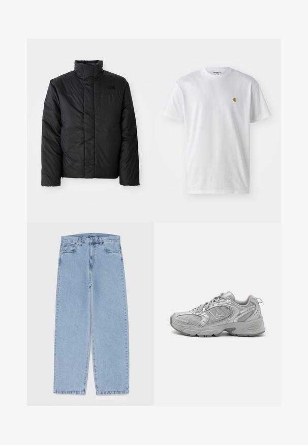 Svart isolert jakke med høy krage, med glidelås foran og en logo på venstre bryst. Materialet ser glatt og puffy ut.; Hvit bomull t-skjorte med korte ermer, rund hals, med en liten gulllogo på venstre brystområde. Myk tekstur og vanlig passform.; Lyseblå denimjeans med rett ben-design, med mid-rise liv, fem lommer og knap og lynlås lukning.; Sølv idrettssko med et strømlinjeformet design, mesh-paneler, polstret tunge, strukturert syntetisk overdel og gummisåle for godt grep.