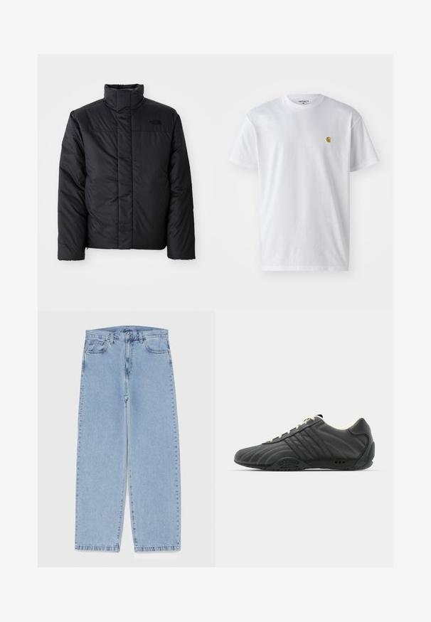 Casaco preto isolado com gola alta, apresentando uma frente com fecho éclair e um logótipo no lado esquerdo do peito. O material parece liso e fofinho.; T-shirt branca de algodão com mangas curtas, decote redondo, apresentando um pequeno logótipo dourado na área do peito esquerdo. Textura macia e ajuste regular.; Jeans de denim azul claro com design de perna reta, apresentando uma cintura de altura média, cinco bolsos e um fecho de botão e zíper.; adidas Originals ADIRACER UNISEX - Sapatilhas - core black/cream white