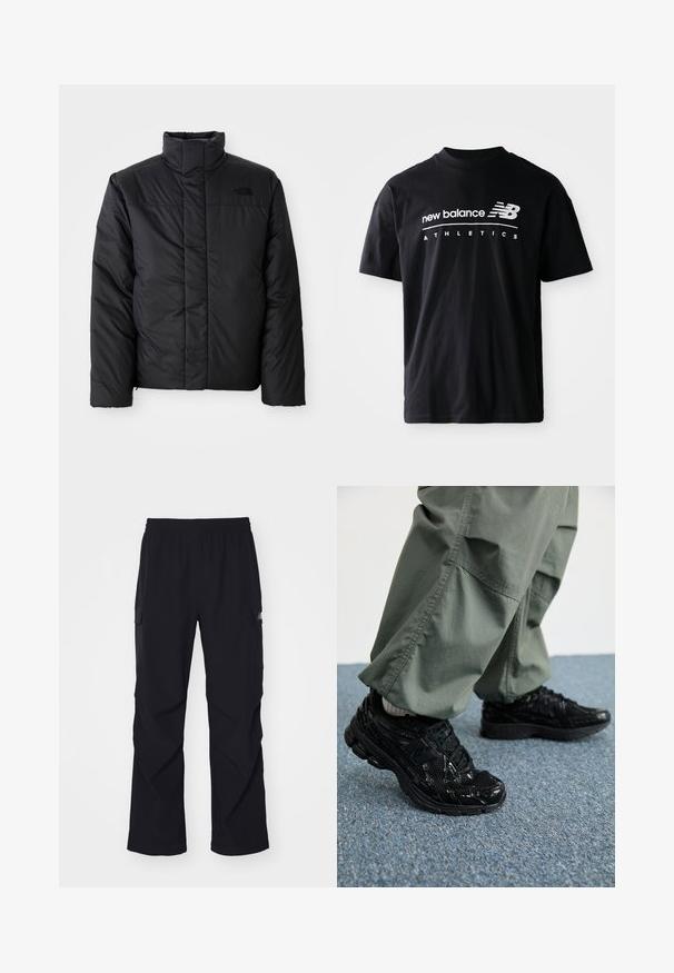 Giacca nera isolante con colletto alto, dotata di chiusura frontale con zip e logo sul lato sinistro del petto. Il materiale sembra liscio e imbottito.; T-shirt in cotone nero con colletto a girocollo, maniche corte e grafiche testuali bianche "new balance" e "ATHLETICS" sul davanti.; Pantaloni cargo neri realizzati in materiale leggero, con vita elastica, tasche laterali e design a gamba dritta.; Sneaker atletici neri con texture lucida e in rete, dotati di una suola spessa e lacci, abbinati a pantaloni cargo larghi verde oliva.