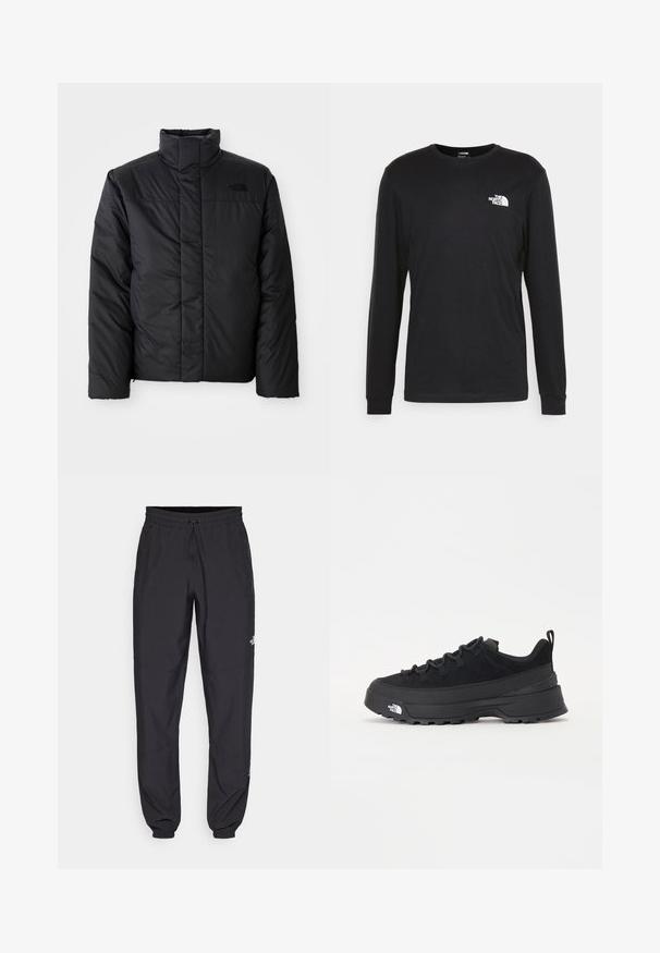 Giacca nera isolante con colletto alto, dotata di chiusura frontale con zip e logo sul lato sinistro del petto. Il materiale sembra liscio e imbottito.; T-shirt a maniche lunghe nera in cotone, con un logo bianco sul lato sinistro del petto e polsini a costine. Texture liscia con scollatura a girocollo.; Pantaloni sportivi neri realizzati in tessuto leggero, con vita regolabile con cordino, tasche laterali e orli affusolati alle caviglie.; Sneaker da esterno nera con parte superiore in suede, suola in gomma testurizzata e robusto sistema di allacciatura. Presenta un tallone rinforzato e il logo del marchio sul lato.